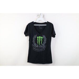 Y2K Monster Energy Drink Womens Size Large Faded Spell Out V-Neck T-Shirt Black